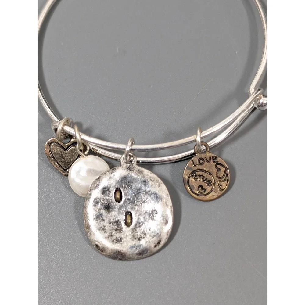 Two Tone‎ Heart Charm Bangle Bracelet White Pearl Love Stackable 7